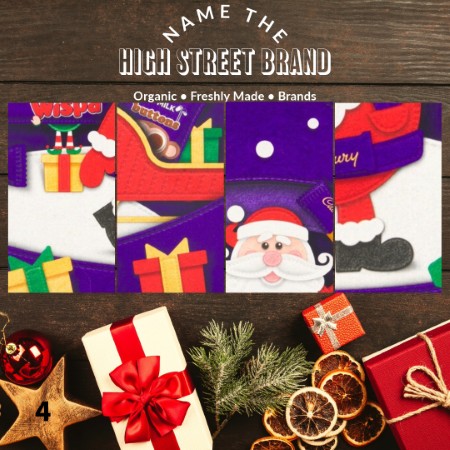 Four festive panels feature gifts, Santa, and iconic purple packaging tied to a popular high street confectionery brand.